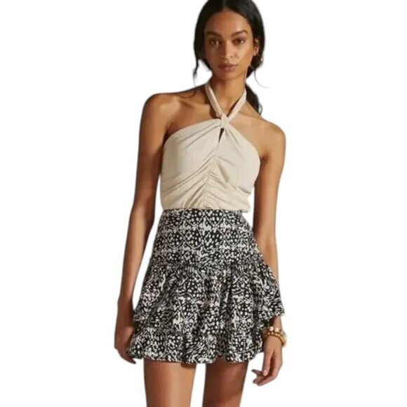 Maeve by Anthropologie Linen Blend Black Cream Print Tiered Mini Skirt - Picture 2 of 13